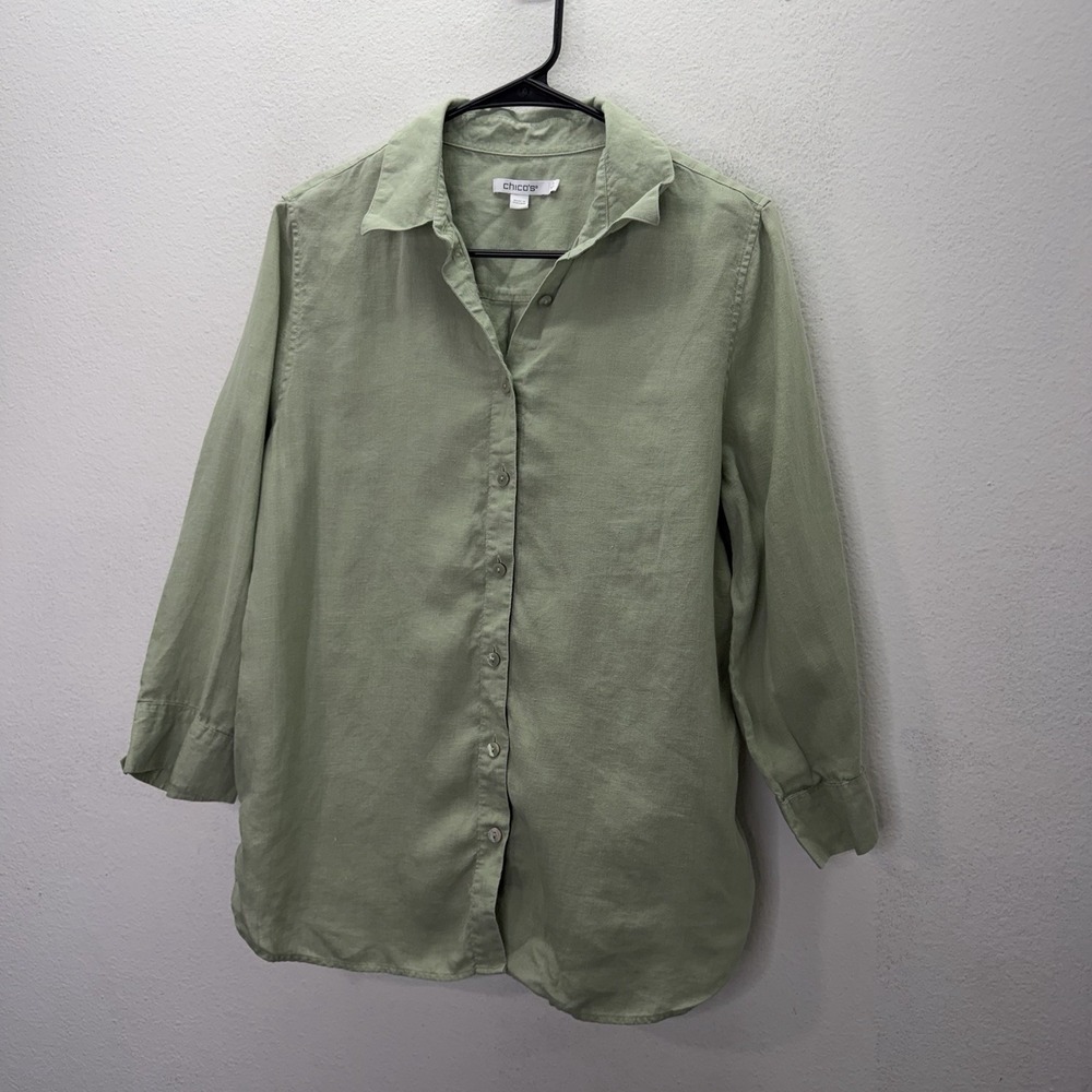 Chico's Green 100% linen relaxed fit button front long sleeve shirt SZ 1 / M
